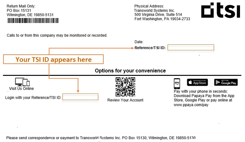 An image to show where TSI ID appears in the letter sent to you